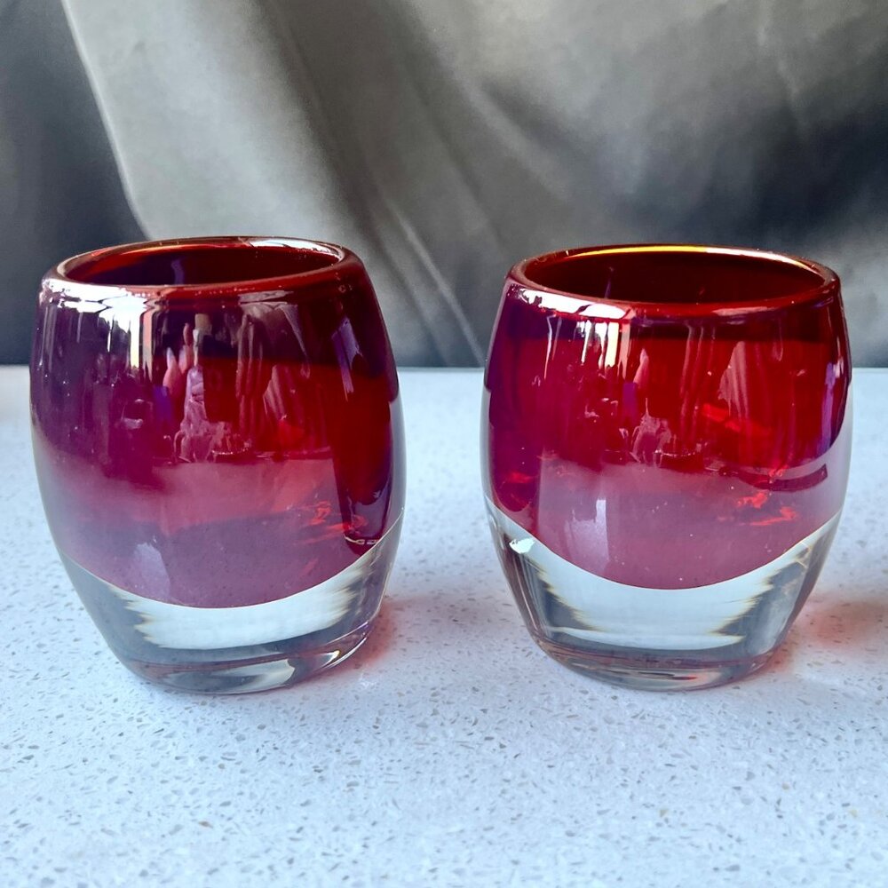 Set Of 2 Crate and Barrel Red Hand-Blown Glass Votive Candle Holders With Clear